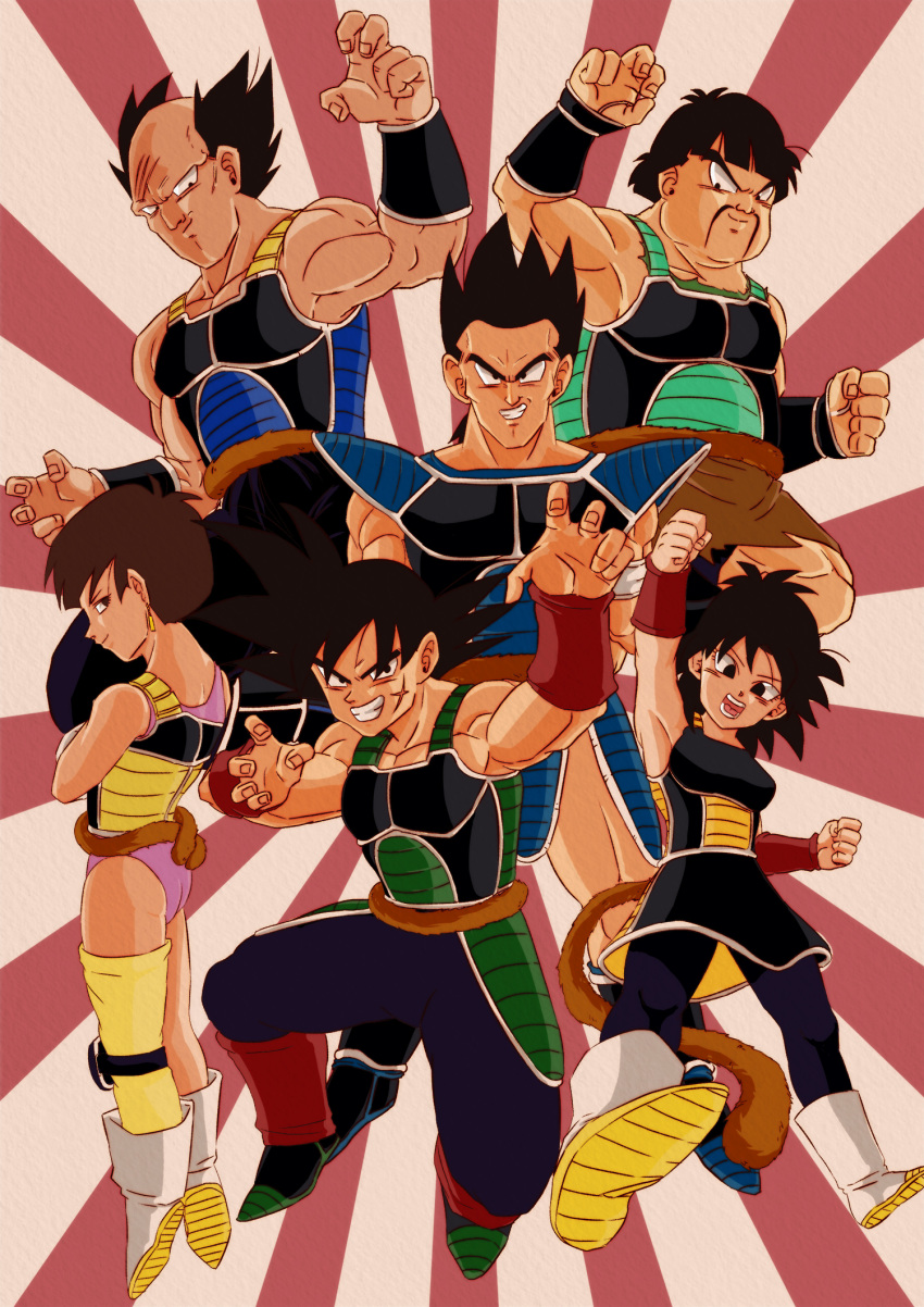 bald, bardock, black_eyes, black_hair, boots, brown_eyes, brown_hair, clenched_hands, crossed_arms, dragon_ball, dragon_ball_z, dragonball_z, earrings, facial_hair, fighting_stance, floating, gine, grin, highres, jewelry, leotard, messy_hair, monkey_tail, muscle, mustache, open_mouth, panbukin_(dragon_ball), scar, scar_on_cheek, seripa, short_hair, skirt, smile, tail, toma_(dragon_ball), tondamanuke, toteppo, white_boots, wristband