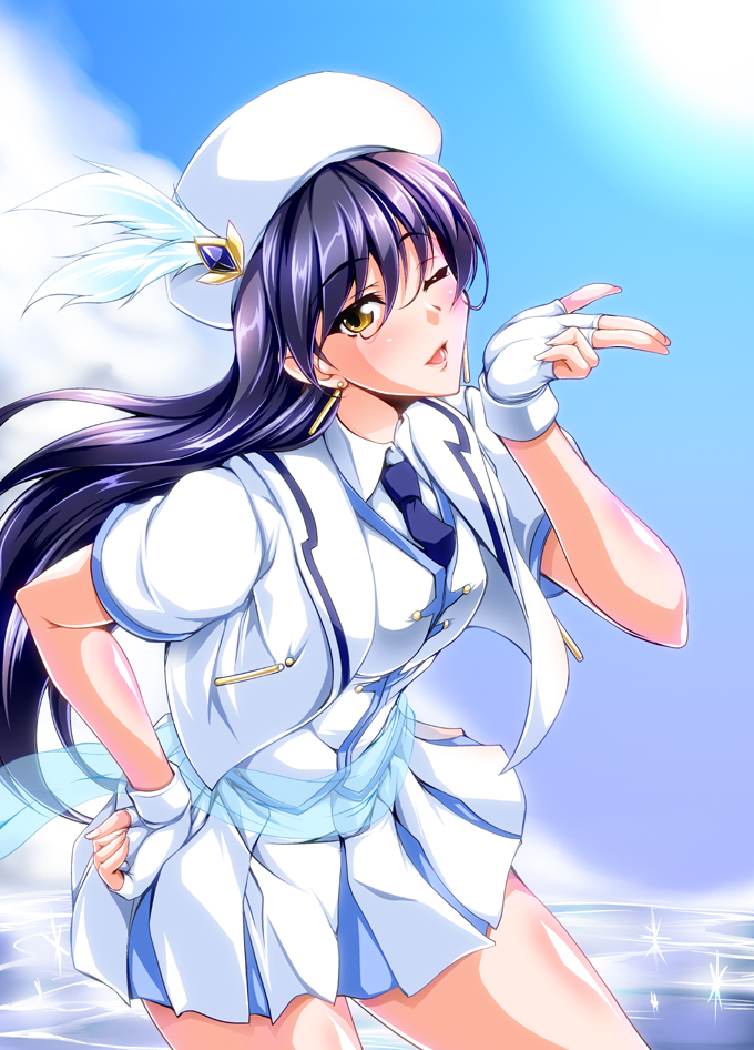 1girl, ;d, blue_hair, blue_necktie, blush, brown_eyes, collared_shirt, contrapposto