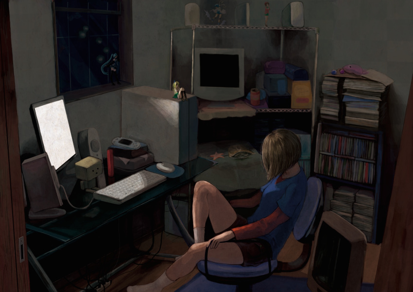 1girl, blue_shirt, book, box, brown_hair, cable, can, cardboard_box, chair, character_request, checkered_wall, computer, computer_keyboard, computer_mouse, danboo, dark, desk, door, figure, gennoco, glass_table, handheld_game_console, hatsune_miku, head_down, highres, indoors, light, long_sleeves, monitor, mousepad, no_shoes, office_chair, original, playstation_portable, power_strip, shelf, shirt, short_hair, shorts, sitting, sleeping, soda_can, solo, speaker, star, table, vocaloid, window, wooden_floor