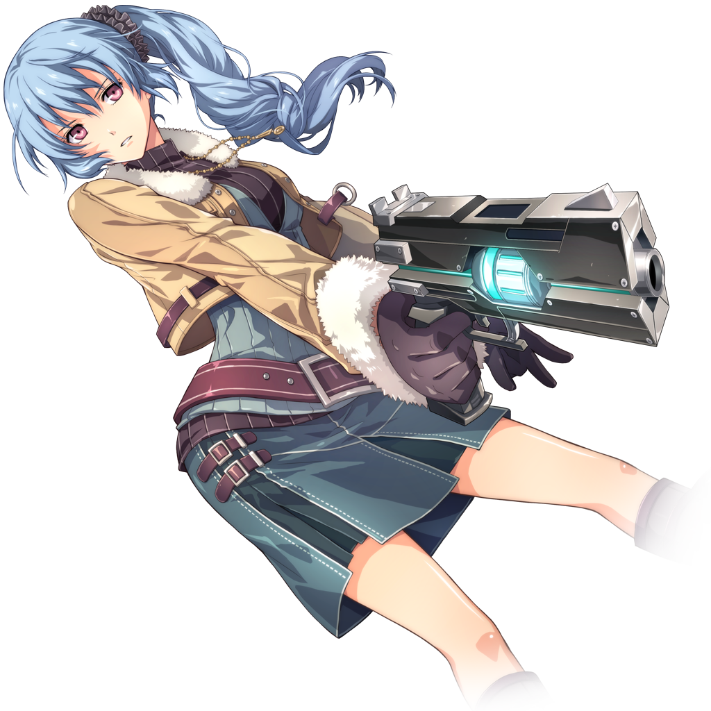 1girl, blue_hair, claire_rieveldt, eiyuu_densetsu, enami_katsumi, female, gloves, gun