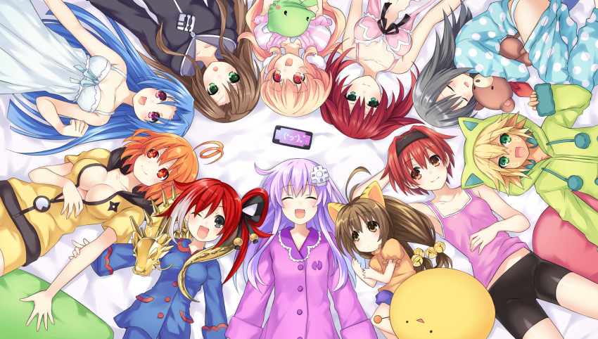 5pb_(choujigen_game_neptune), 6+girls, absurdres, ahoge, animal_ears, bell, blonde_hair, bow