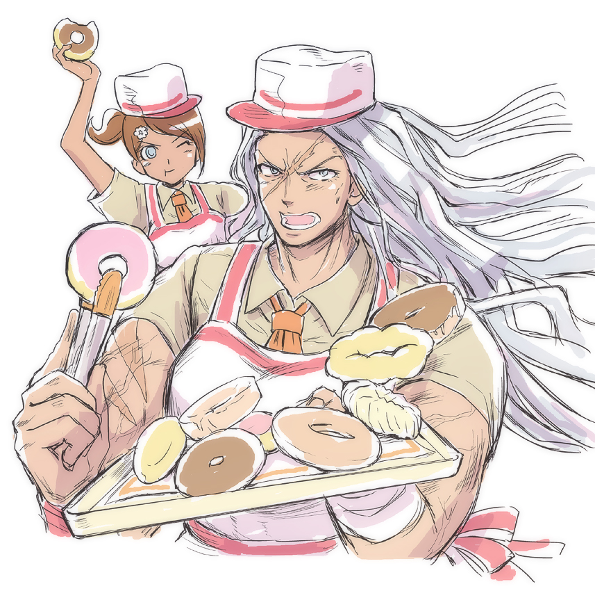 2girls, apron, arm_up, asahina_aoi, blue_eyes, brown_hair, dangan_ronpa, dangan_ronpa_1