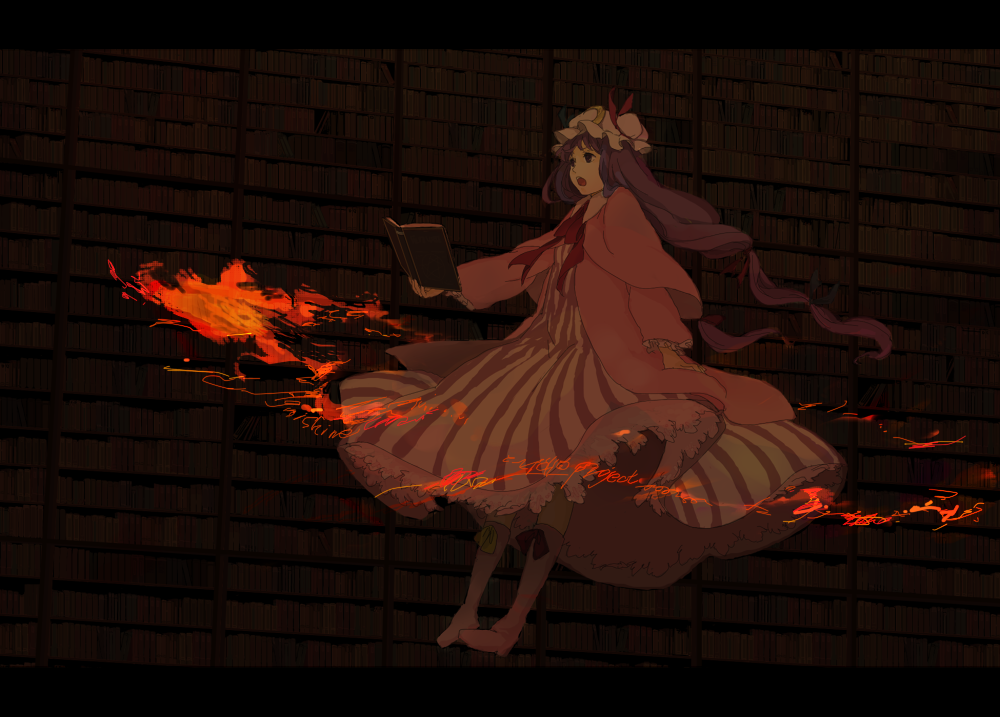 battle, fire, flying, hat, nosaki_(pixiv363792), patchouli_knowledge, purple_hair, solo, touhou