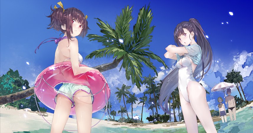 2boys, 2girls, ass, beach, bikini, black_hair, breasts, glasses, ikoma_(kabaneri), koutetsujou_no_kabaneri, kurusu_(kabaneri), long_hair, looking_at_viewer, male_swimwear, multiple_boys, multiple_girls, mumei_(kabaneri), ocean, one-piece_swimsuit, ponytail, short_hair, swim_briefs, swim_trunks, swimsuit, swimwear, tree, twintails, umbrella, undressing, violet_eyes, white_hair, yomogawa_ayame, yuugen