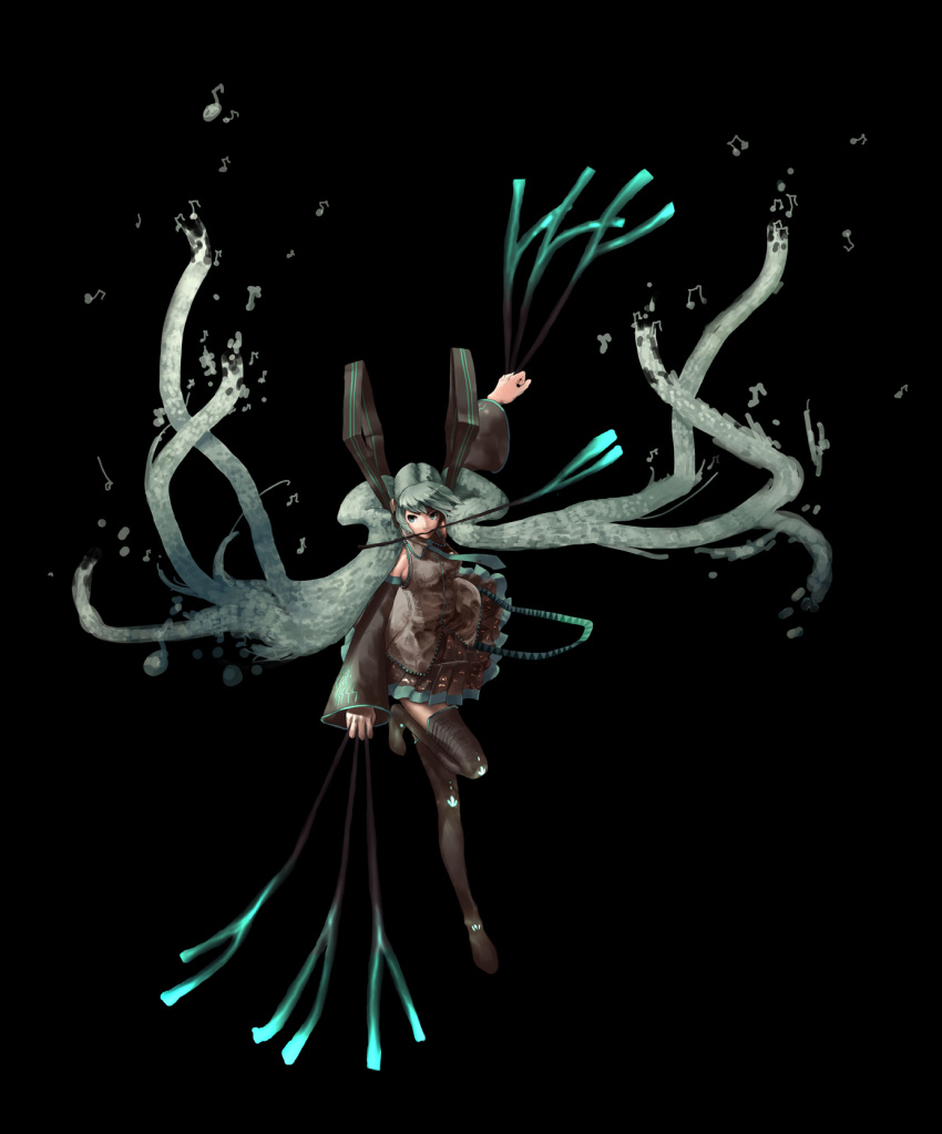 green_eyes, green_hair, hatsune_miku, highres, juun, mouth_hold, music, simple_background