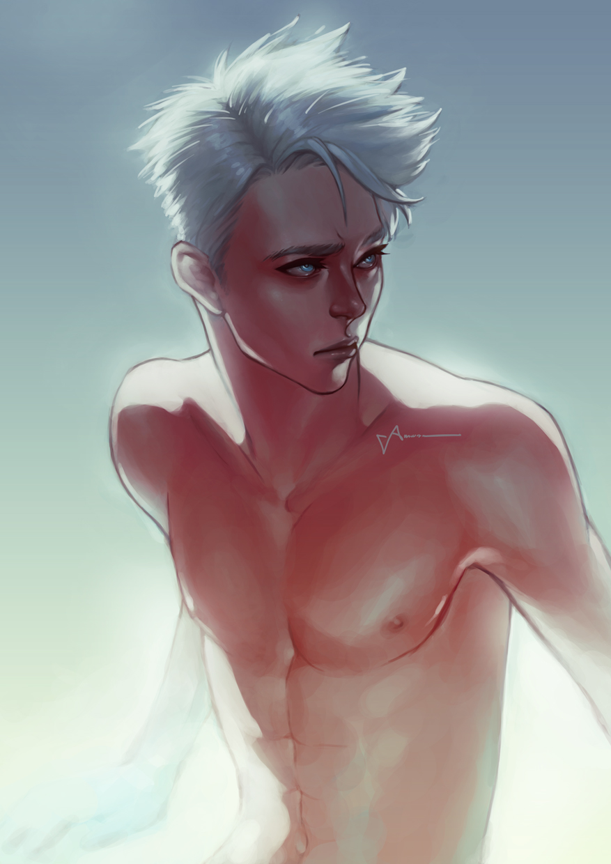 1boy, abs, amoona, artist_name, blue_eyes, highres, original, shirtless, solo, upper_body, white_hair