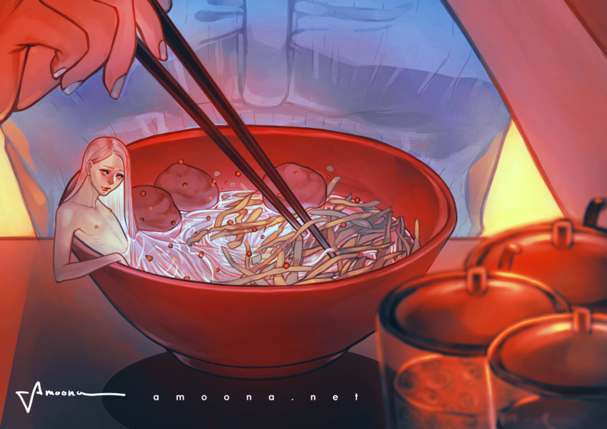 1boy, amoona, androgynous, artist_name, chopsticks, food, in_bowl, in_container