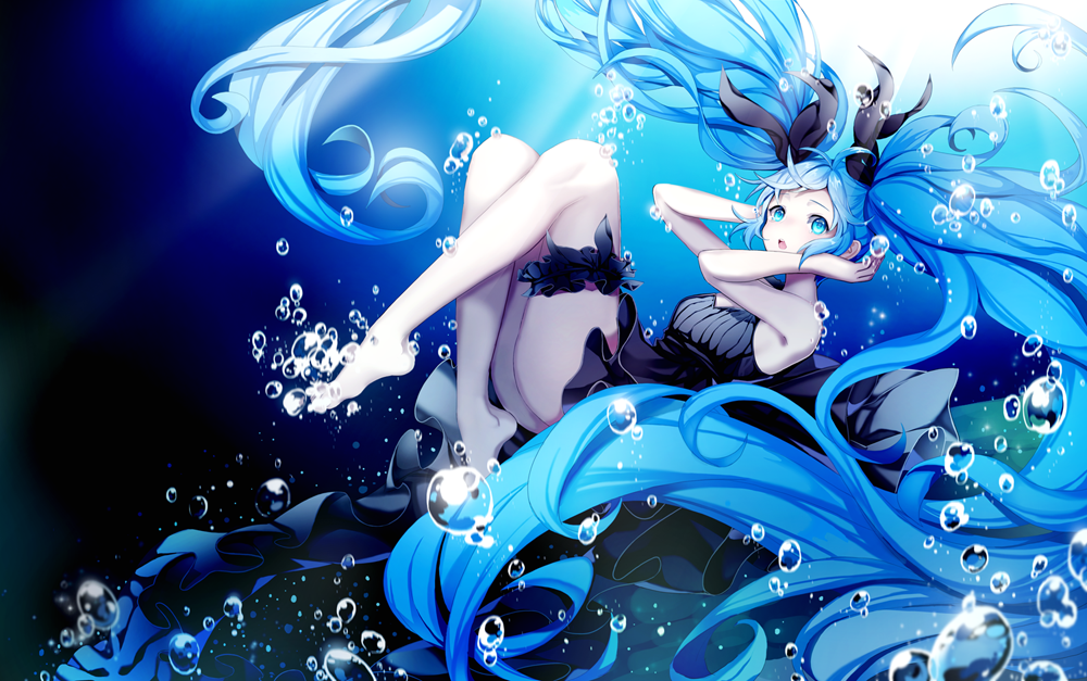 1girl, absurdly_long_hair, black_dress, blue_eyes, blue_hair, bubble, dress, gotmil