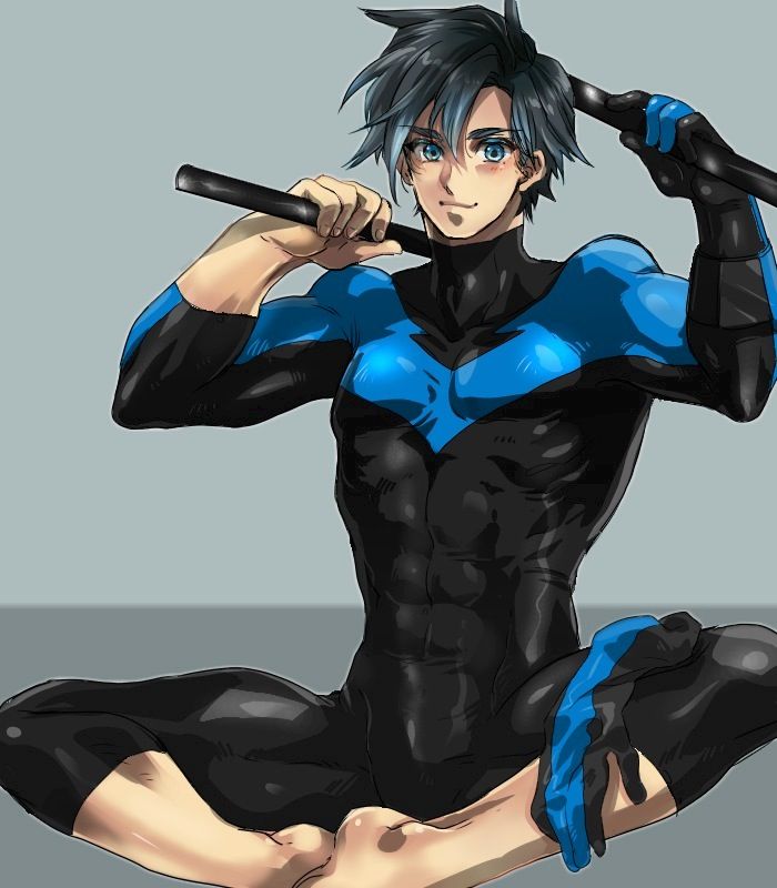1boy, artist_request, black_hair, blue_eyes, bodysuit, dc_comics, dick_grayson, escrima_stick