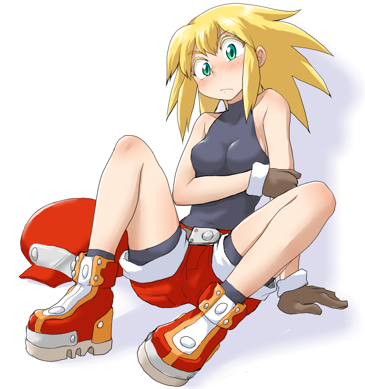1girl, bike_shorts, blonde_hair, blush, cabbie_hat, embarrassed, gloves, green_eyes