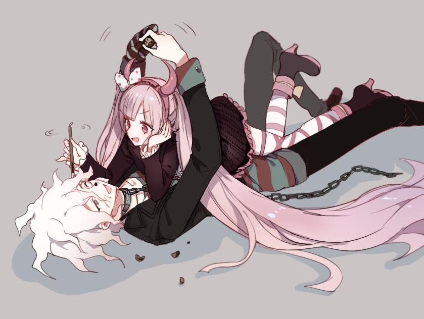1boy, 1girl, chains, dangan_ronpa, face_painting, fake_horns, hairband, komaeda_nagito