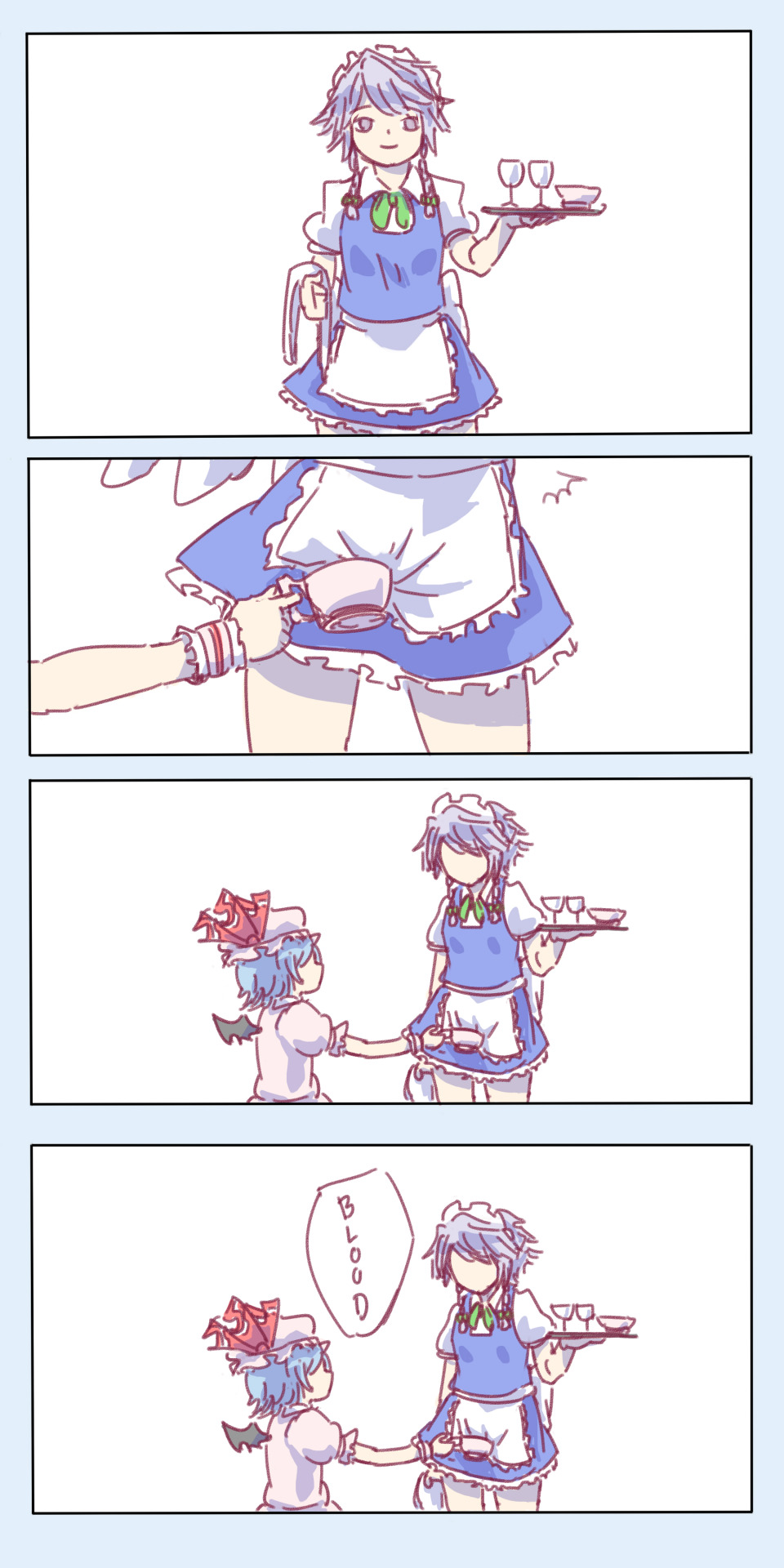 2girls, 4koma, blue_hair, bowl, comic, cup, drinking_glass, english
