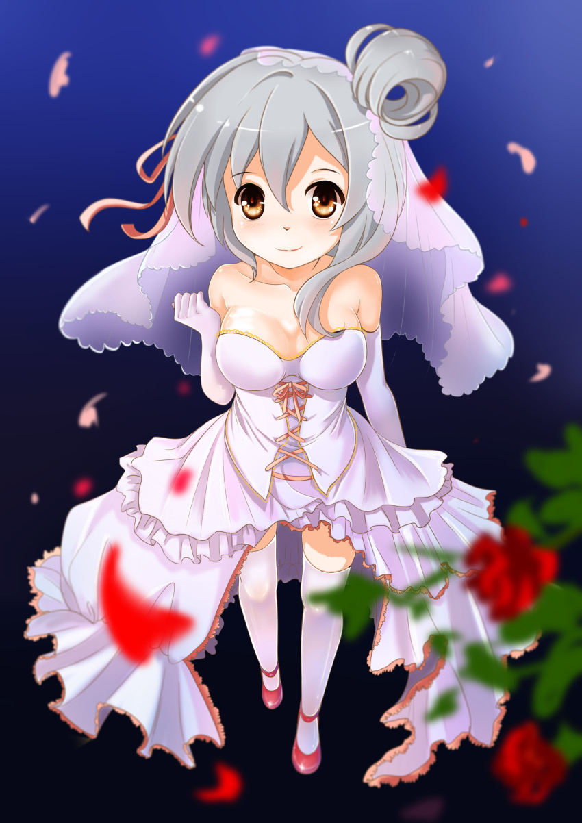 1girl, absurdres, bare_shoulders, blush, breasts, bridal_veil, bride, brown_eyes