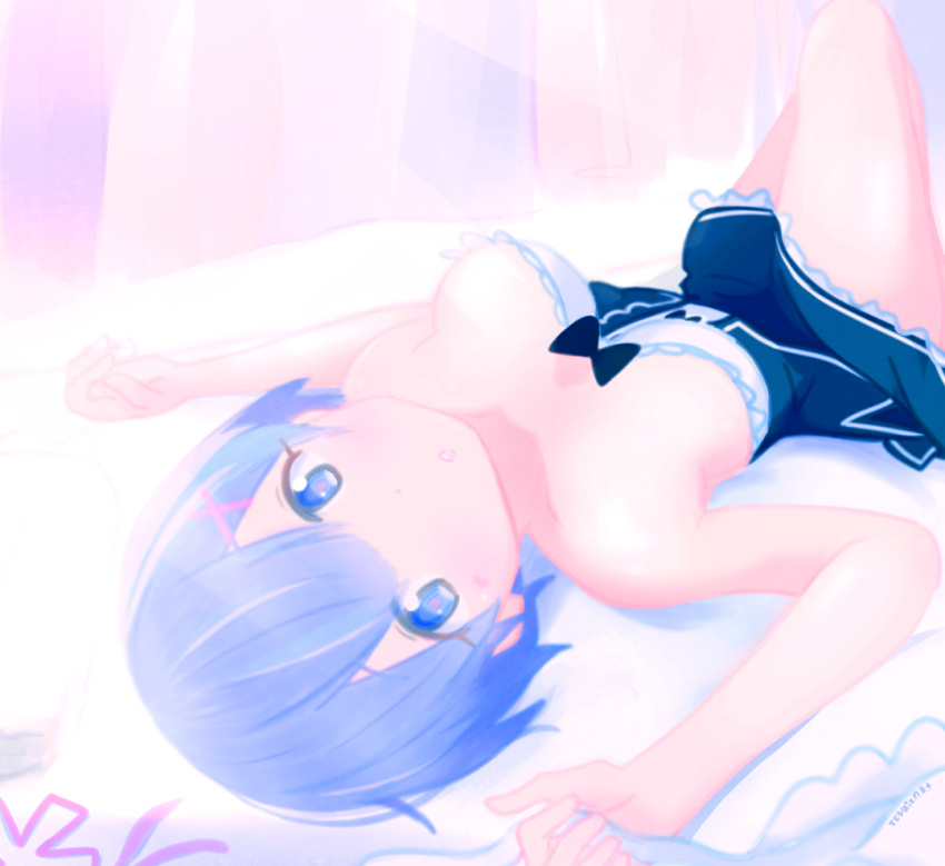 1girl, :o, blue_eyes, blue_hair, breasts, cleavage, looking_at_viewer, lying