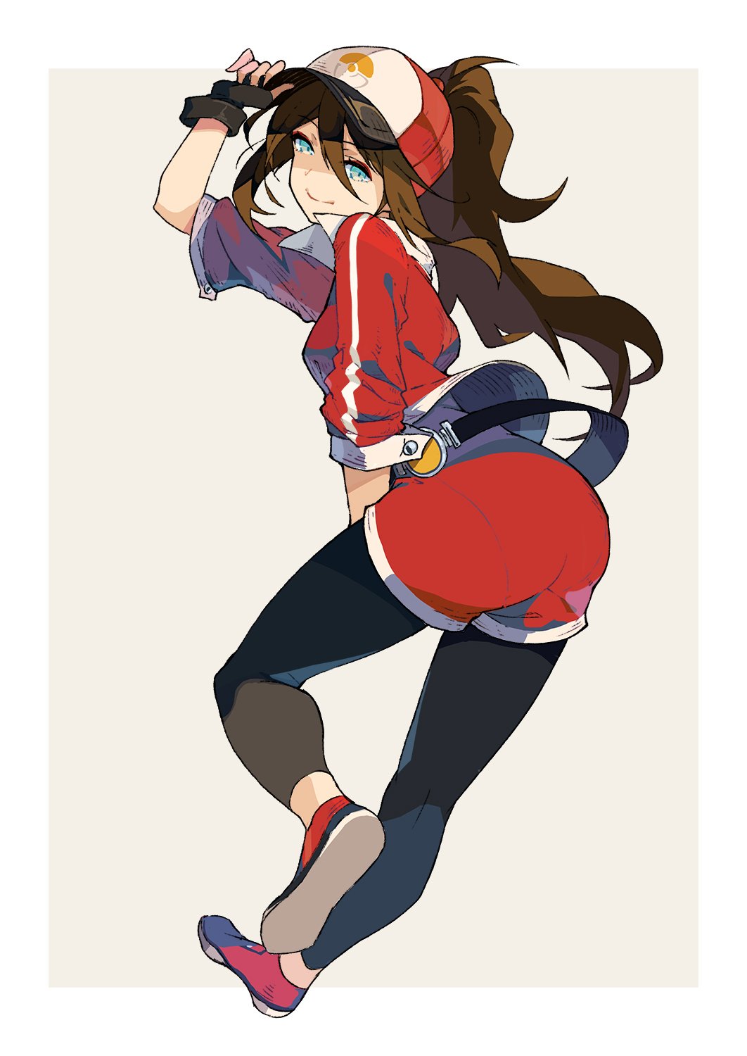 1girl, ass, blue_eyes, brown_hair, female_protagonist_(pokemon_go), fingerless_gloves, from_behind, gloves
