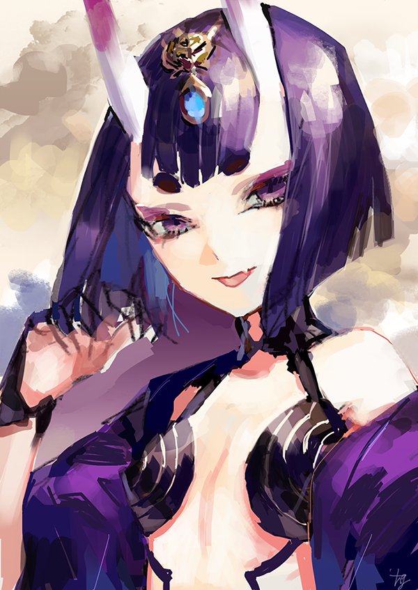 1girl, artist_name, bangs, bare_shoulders, breasts, demon_girl, eyebrows, eyeshadow