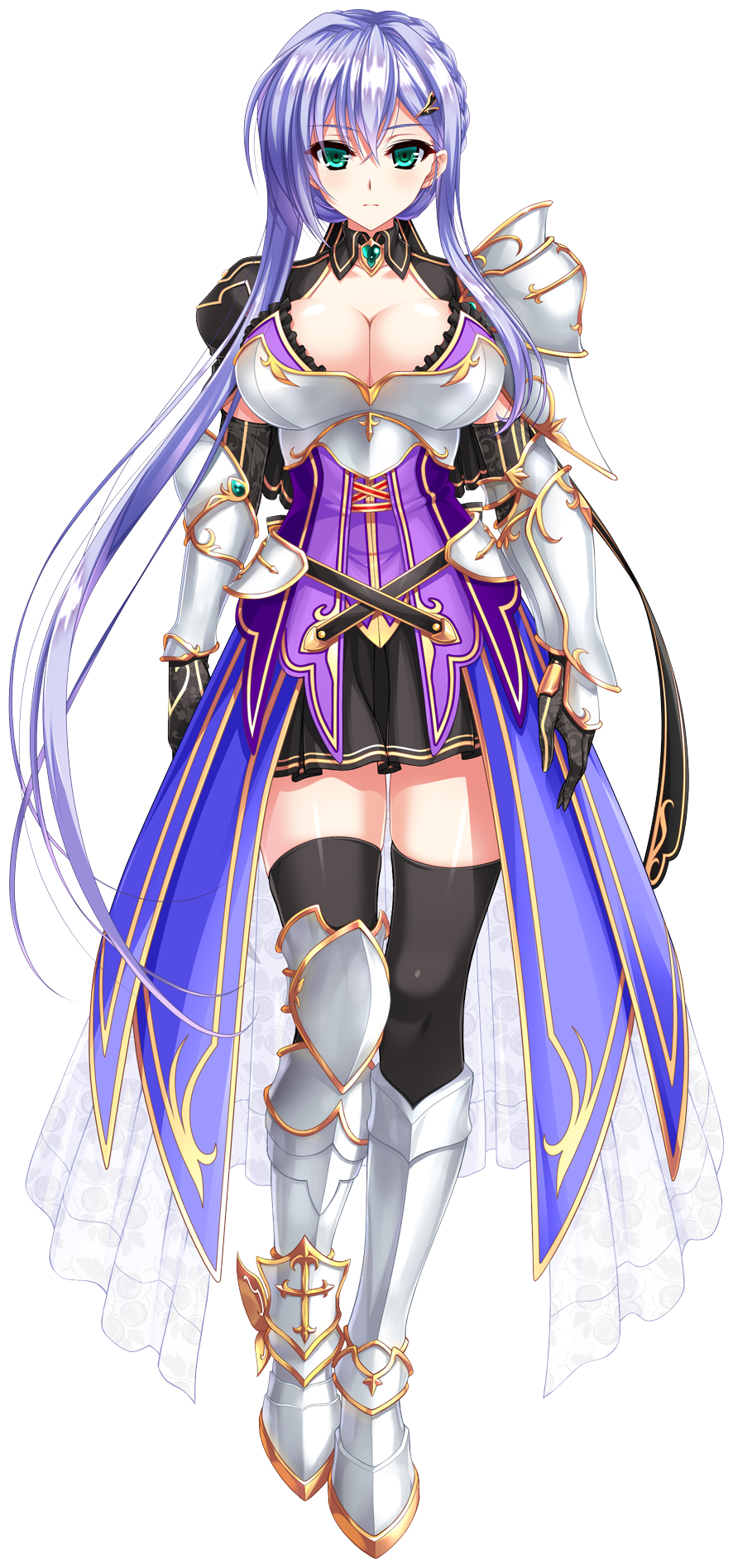 1girl, amasaka_takashi, aqua_eyes, breastplate, breasts, cleavage, elbow_gloves, full_body