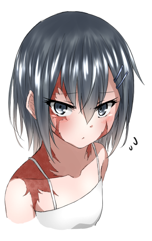 1girl, arute_arisu, bare_shoulders, black_hair, blue_eyes, burn_scar, dorei_to_no_seikatsu_~teaching_feeling~, hair_ornament