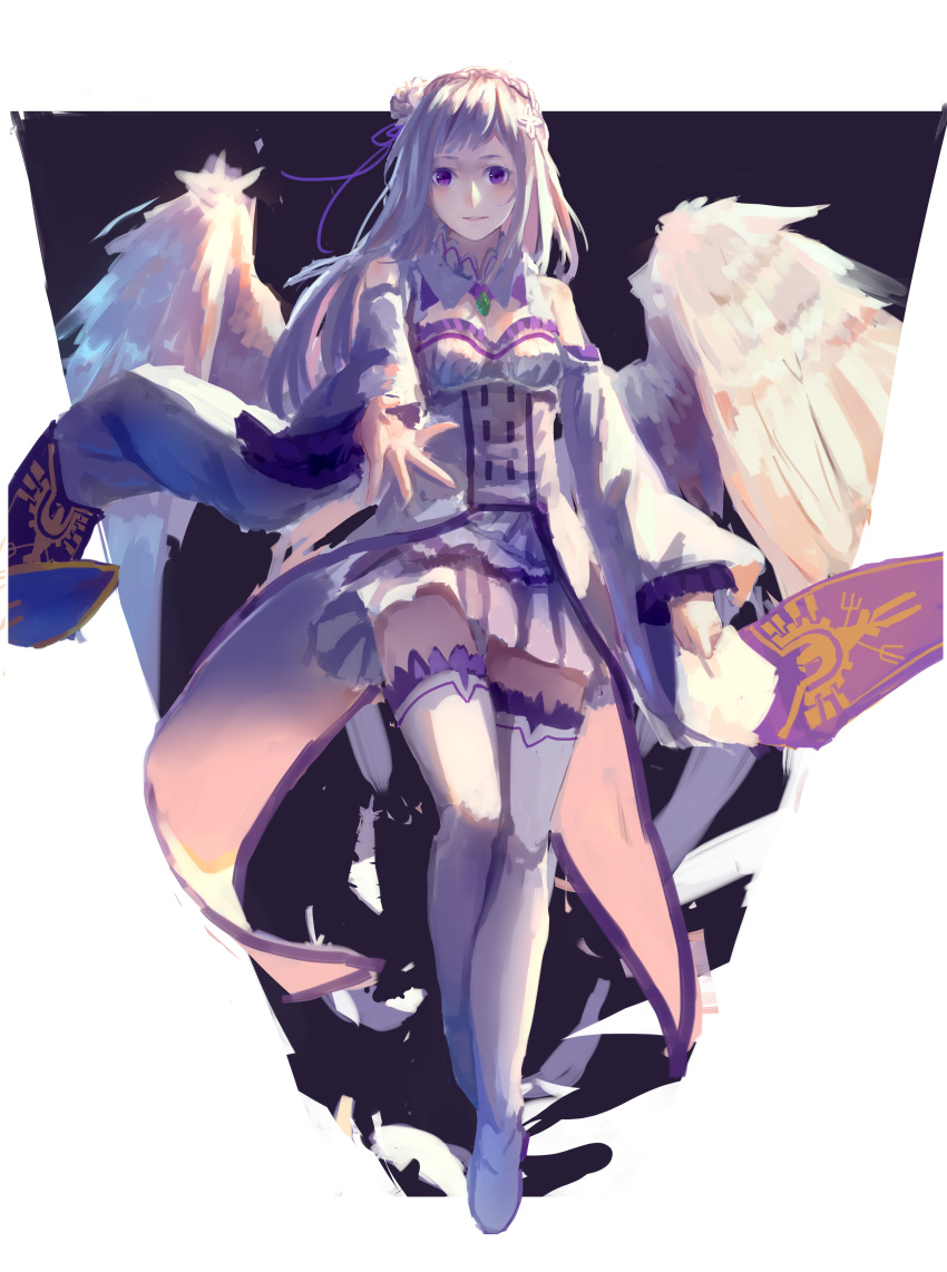 1girl, absurdres, bare_shoulders, boots, braid, breasts, dress, elf