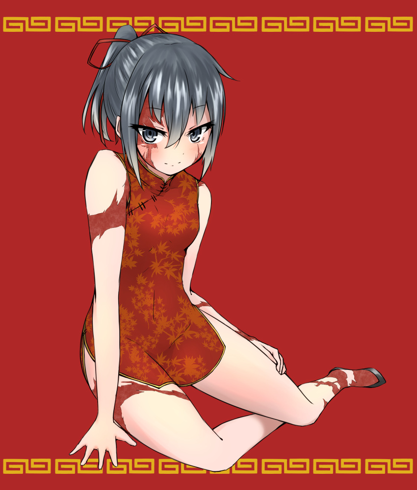 1girl, arute_arisu, bare_shoulders, black_hair, blue_eyes, blush, burn_scar, china_dress