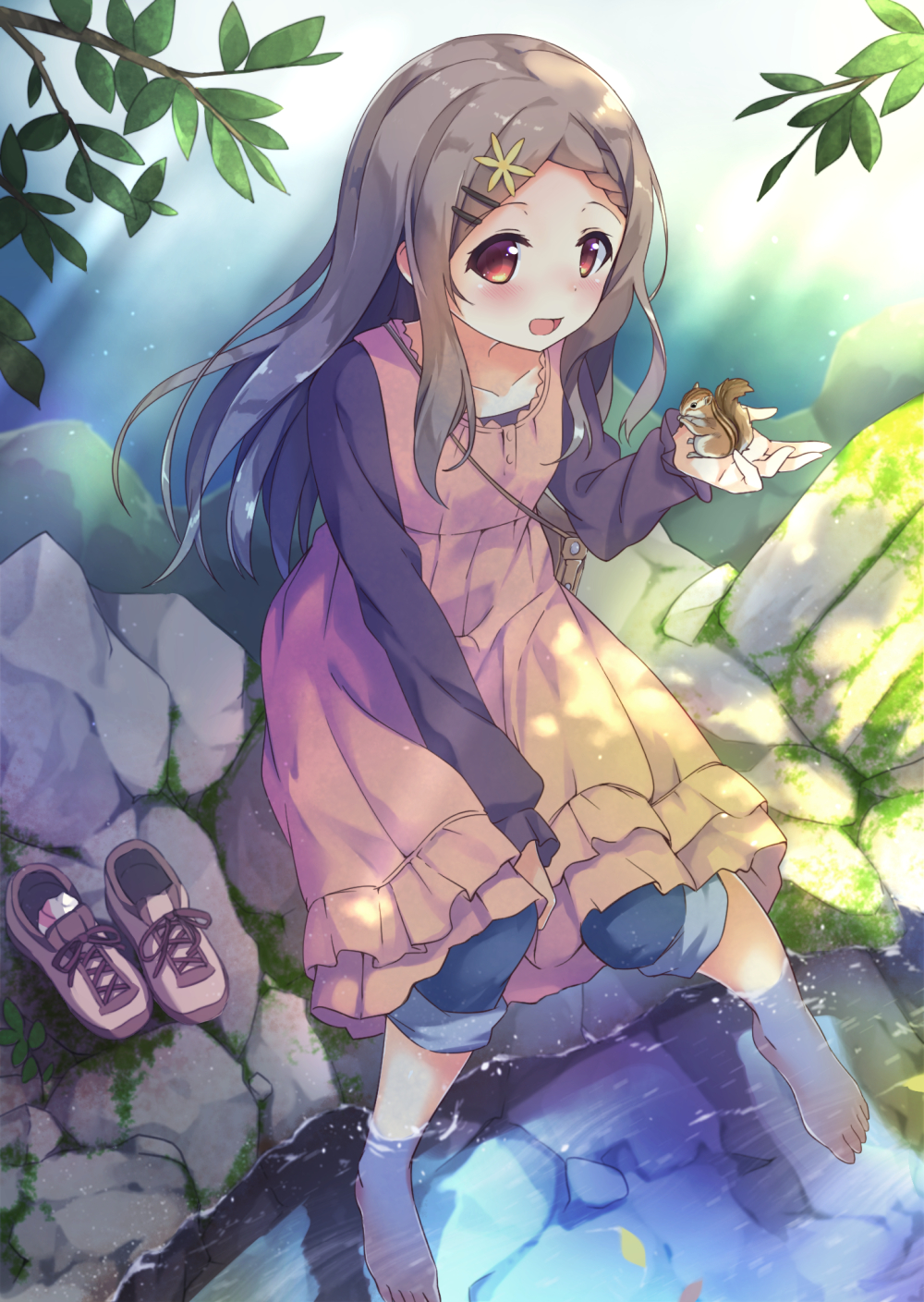 1girl, animal, aoba_kokona, bag, barefoot, blush, boots, boots_removed