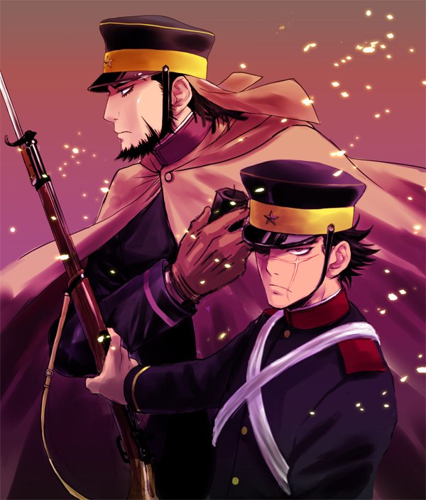 2boys, bayonet, beard, cloak, facial_hair, glasses, golden_kamuy, gradient