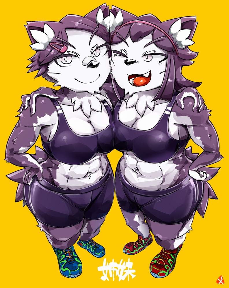 2girls, dog, furry, multiple_girls, original, purple_hair, san_mamiya, short_hair