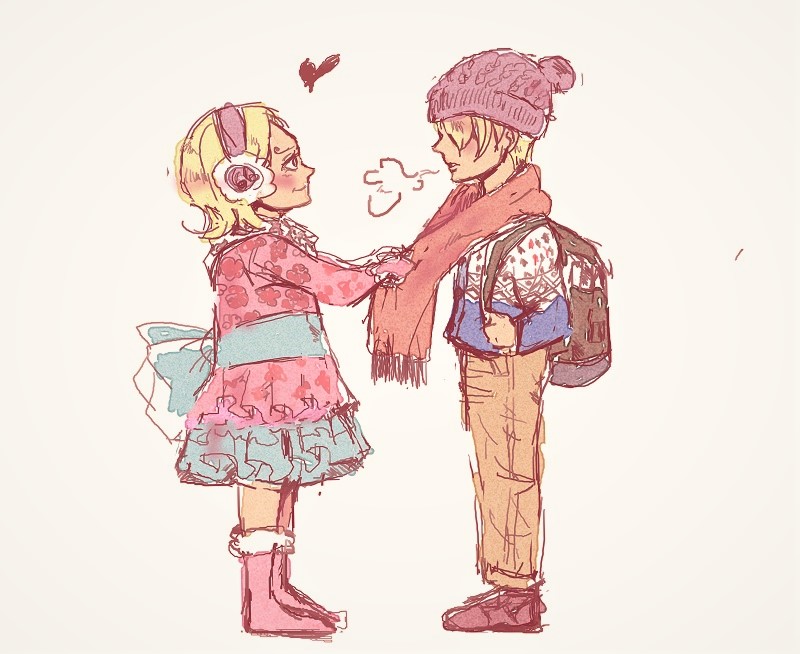 1boy, 1girl, artist_request, backpack, blonde_hair, boots, bow, brother_and_sister, dress, earmuffs, fur_trim, hat, one_piece, sanji, scarf, siblings, source_request, sweater, vinsmoke_family, vinsmoke_reiju, younger