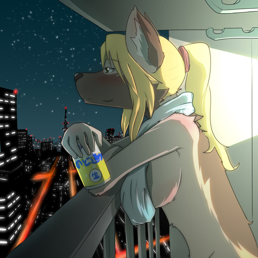 1girl, blonde_hair, blush, breasts, cityscape, copyright_request, dog, female