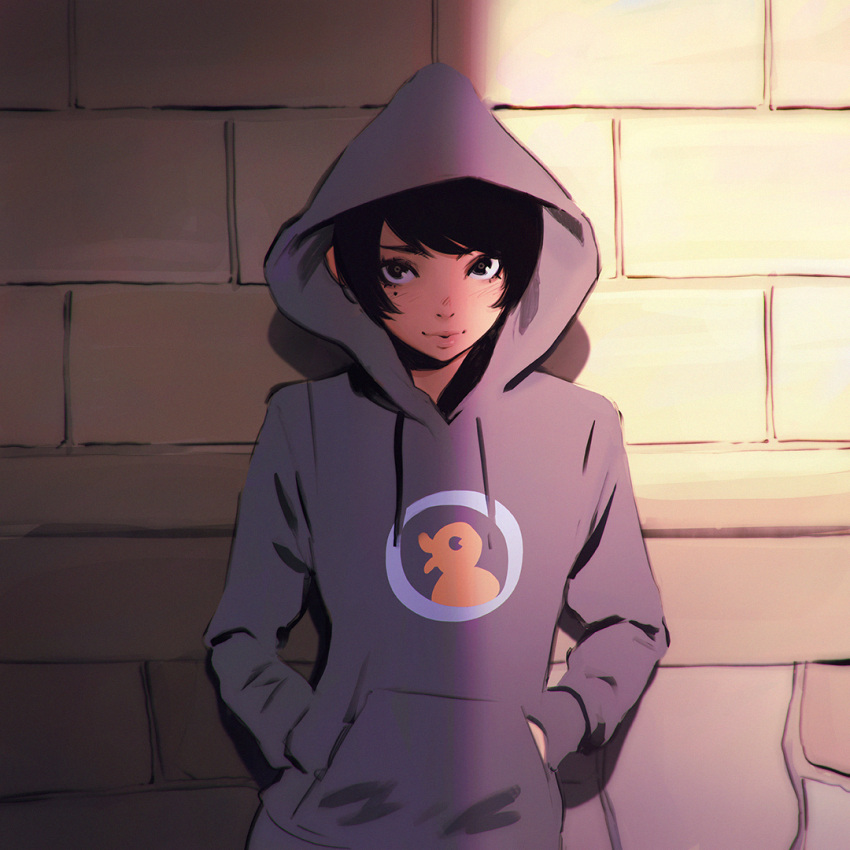 1girl, against_wall, bangs, black_eyes, black_hair, blush, duck_print, hands_in_pocket