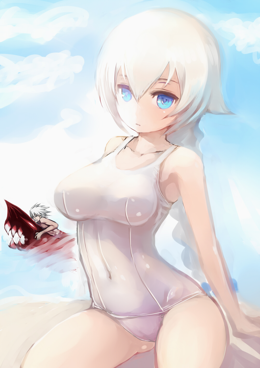 1boy, 1girl, blazblue, blue_eyes, braid, clouds, covered_navel, dead_spike