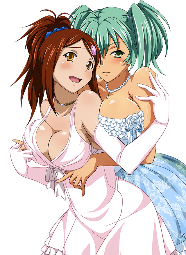 00s, 2girls, bachou_mouki, bare_shoulders, blue_dress, blush, breast_press, breasts