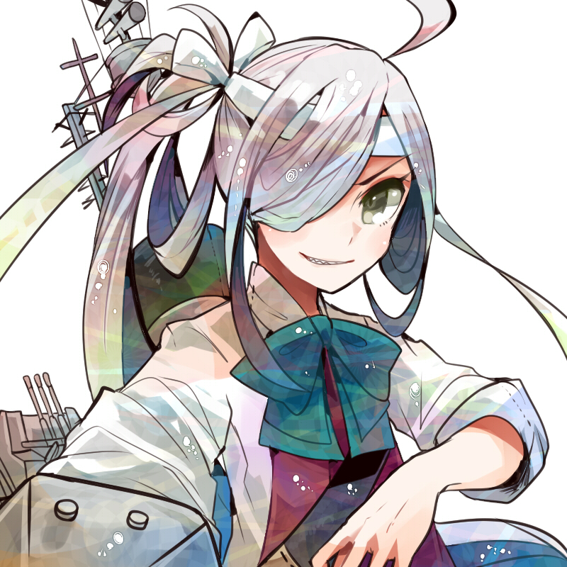 1girl, aa_gun, ahoge, asashimo_(kantai_collection), bangs, blue_bow, blue_bowtie, bow