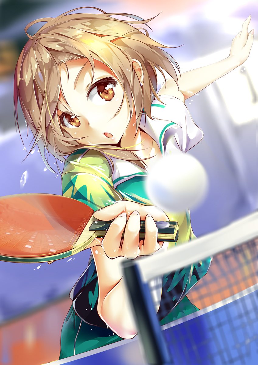 1girl, :o, ball, blurry, collarbone, depth_of_field, earrings, flying_sweatdrops
