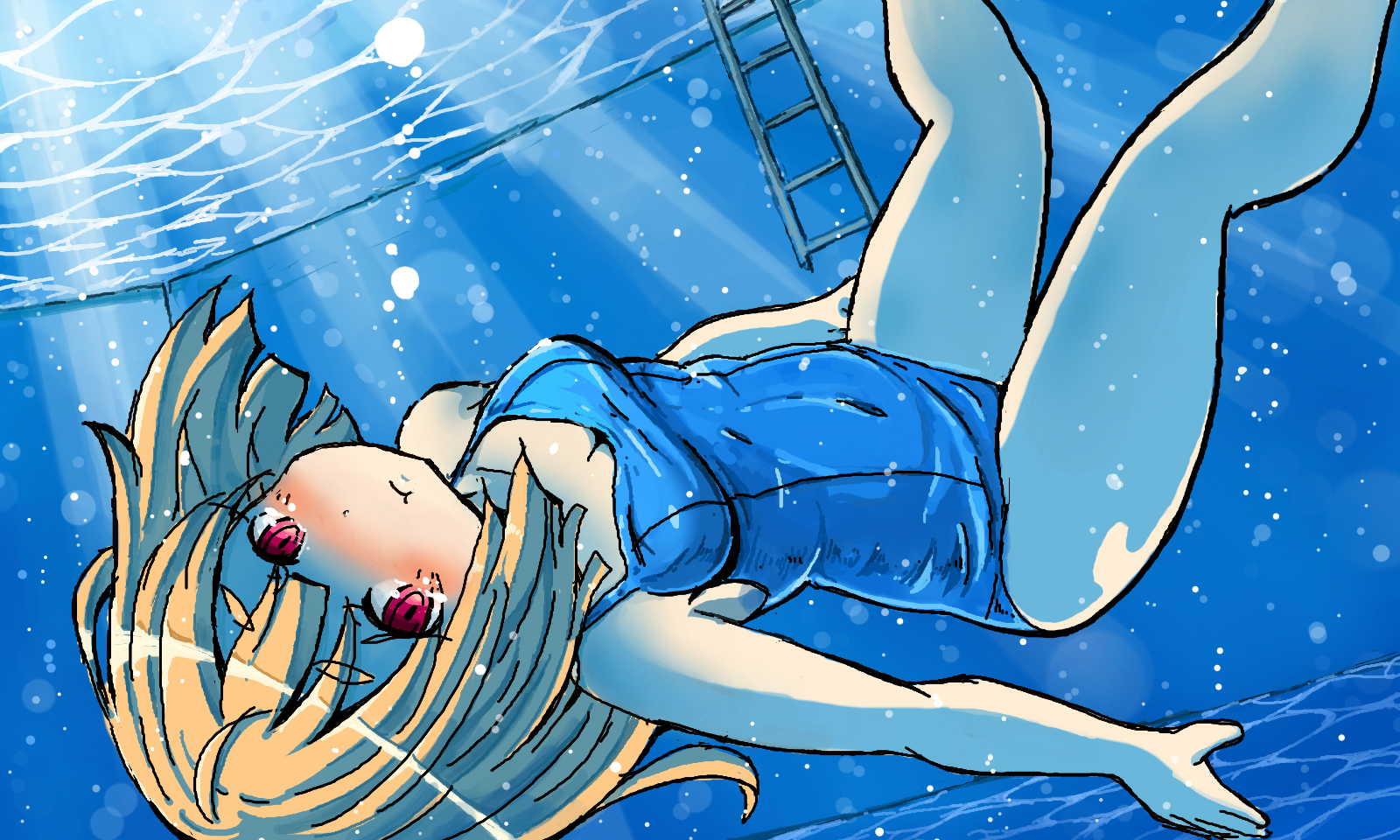 1girl, afloat, air_bubble, barefoot, blush, breath, bubble, floating
