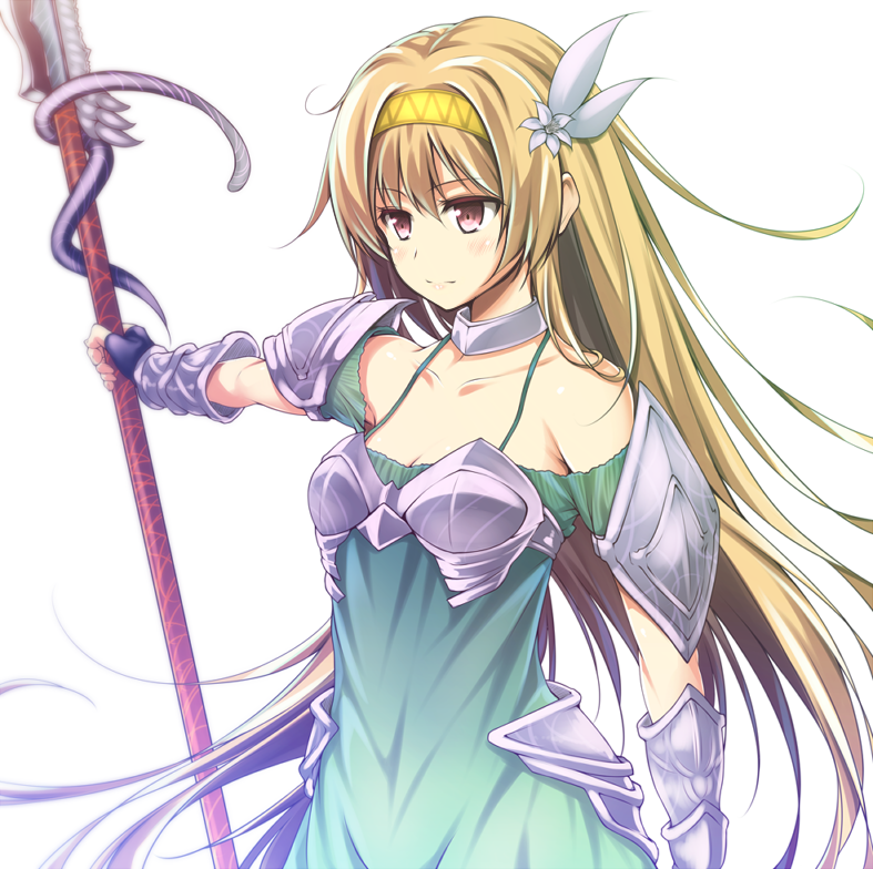 1girl, armor, big_wednesday, brown_eyes, cape, fingerless_gloves, flower, gloves, hair_flower, hair_ornament, hairband, light_brown_hair, long_hair, polearm, sennen_sensou_aigis, solo, spear, tethys_(sennen_sensou_aigis), weapon