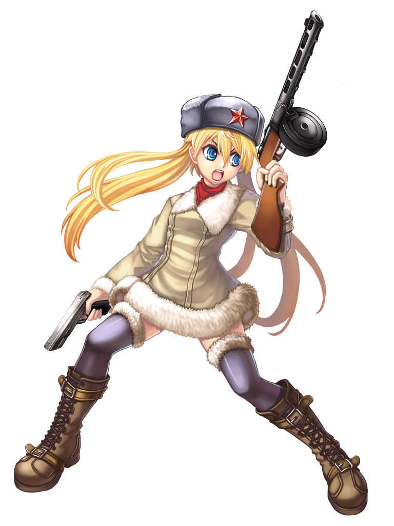 blue_eyes, boots, fur_hat, gun, handgun, hat, jak, pistol