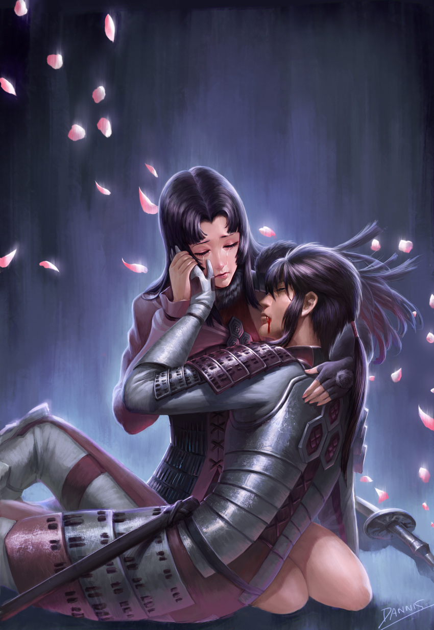 1boy, 1girl, absurdres, armor, artist_name, azai_nagamasa_(sengoku_basara), black_hair, bleeding