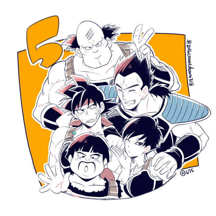 1girl, 4boys, :>, armor, bald, bardock, black_eye, black_hair
