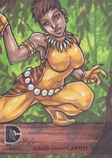 1girl, artist_signature, bodysuit, brown_eyes, brown_hair, copyright_name, dark_skin, dc_comics, dixey, gloves, looking_at_viewer, mari_jiwe_mccabe, marker_(media), short_hair, sleeveless, solo, source_request, tree, vixen_(dc)