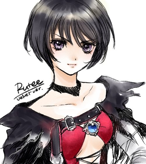 1girl, black_hair, choker, collarbone, looking_at_viewer, rutee_katrea, shiitake_(gensoudou), short_hair