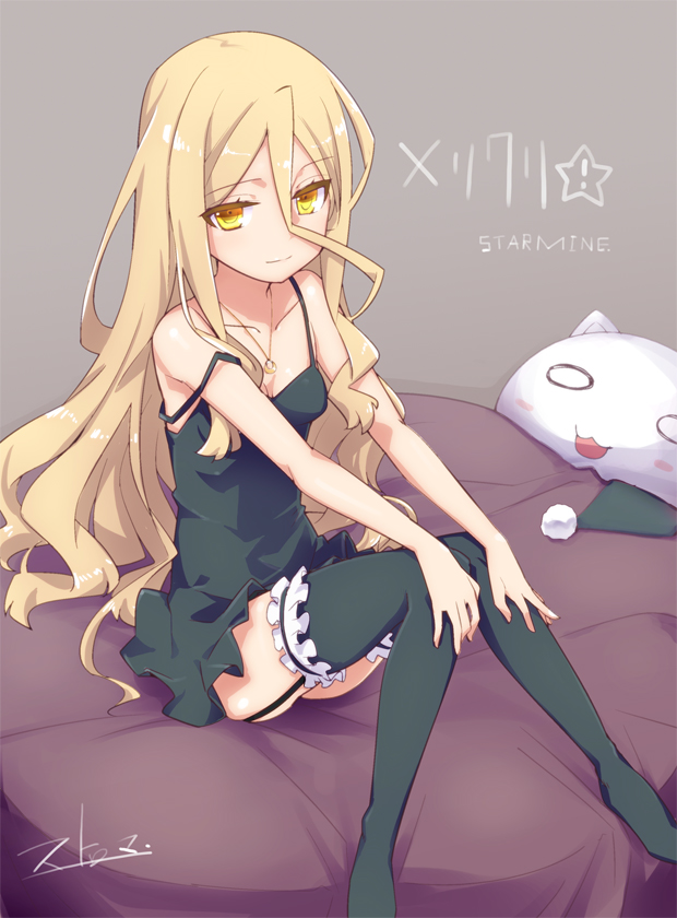 1girl, amami_shisen, black_dress, black_legwear, blonde_hair, breasts, dress, garter_straps
