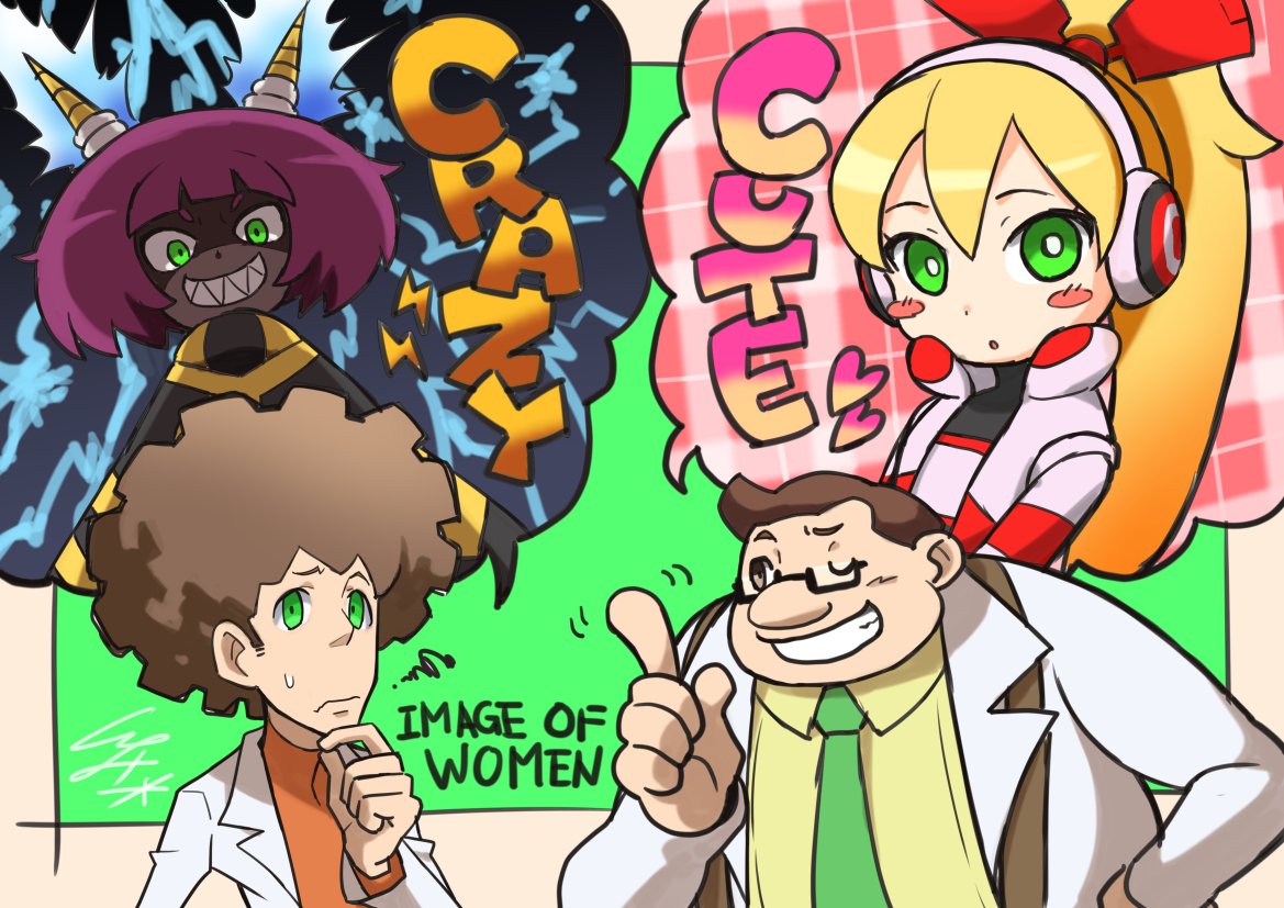 2boys, afro, bow, brown_hair, call_(mighty_no._9), cloak, dynatron_(mighty_no._9), english, fat, glasses, green_eyes, hair_bow, hand_on_hip, headphones, io_naomichi, labcoat, male_focus, mighty_no._3, mighty_no._9, multiple_boys, purple_hair, shaded_face, sharp_teeth, souichirou_sanda, speech_bubble, sweatdrop, teeth, upper_body, william_white
