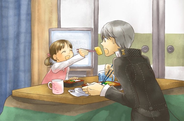 child, closed_eyes, cup, doujima_nanako, eating, feeding, food, kotatsu