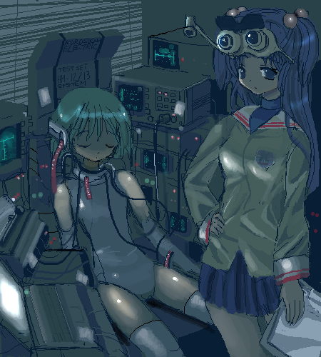 blue_hair, clannad, closed_eyes, crossover, green_hair, hair_bobbles, hair_ornament, hand_on_hip