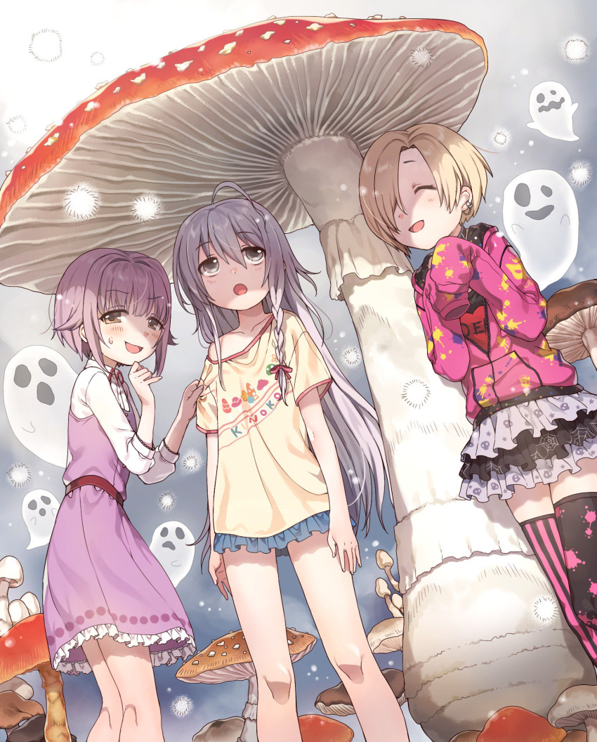 3girls, black_legwear, blonde_hair, blush, braid, brown_hair, closed_eyes, collarbone