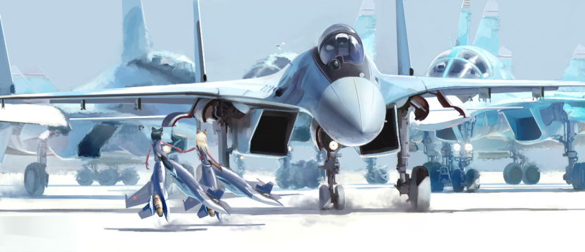 2girls, aircraft, airplane, animal_ears, black_hair, blonde_hair, cockpit, commentary_request