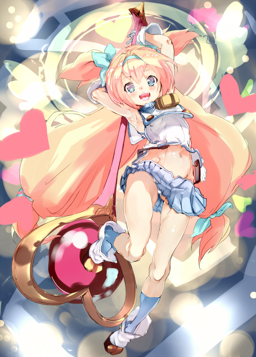 1girl, :d, armpits, blazblue, blonde_hair, blue_eyes, blue_legwear, blue_skirt