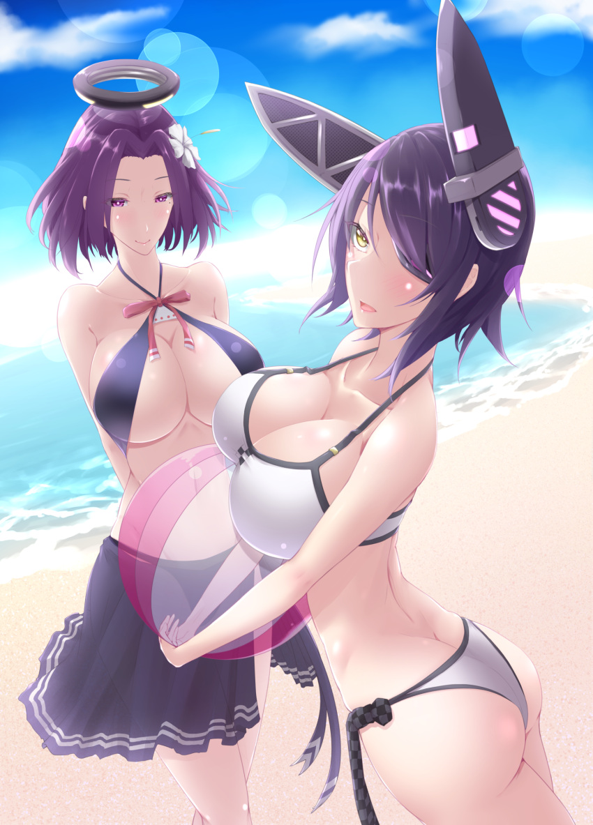 2girls, arms_behind_back, ass, beach, bikini, blush, breasts, butt_crack