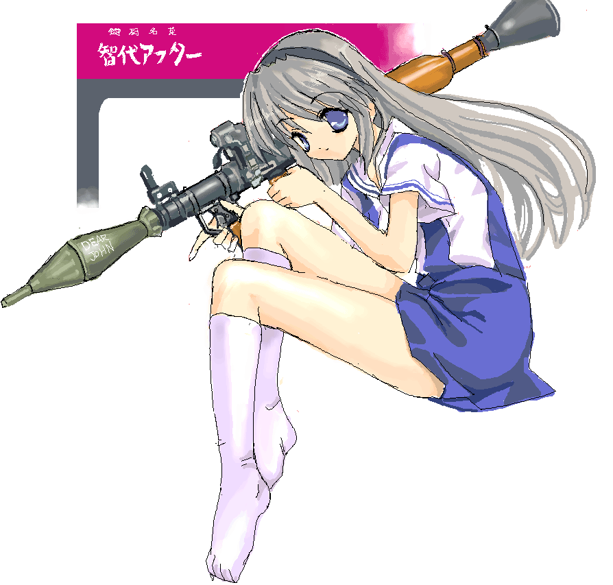 clannad, feet, hairband, juuyon, kneehighs, long_hair, oekaki, rocket_launcher